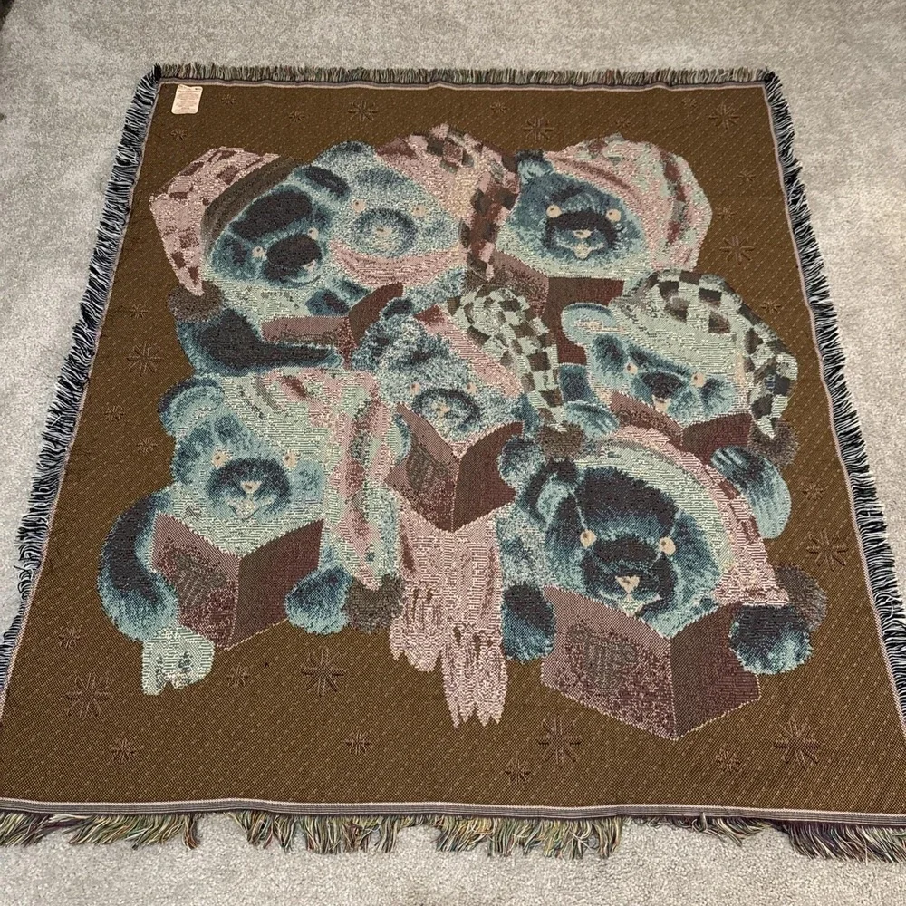 VTG Tapestry Sofa Throw Blanket‎ Christmas Teddy Bears Caroling Fringe Mohawk